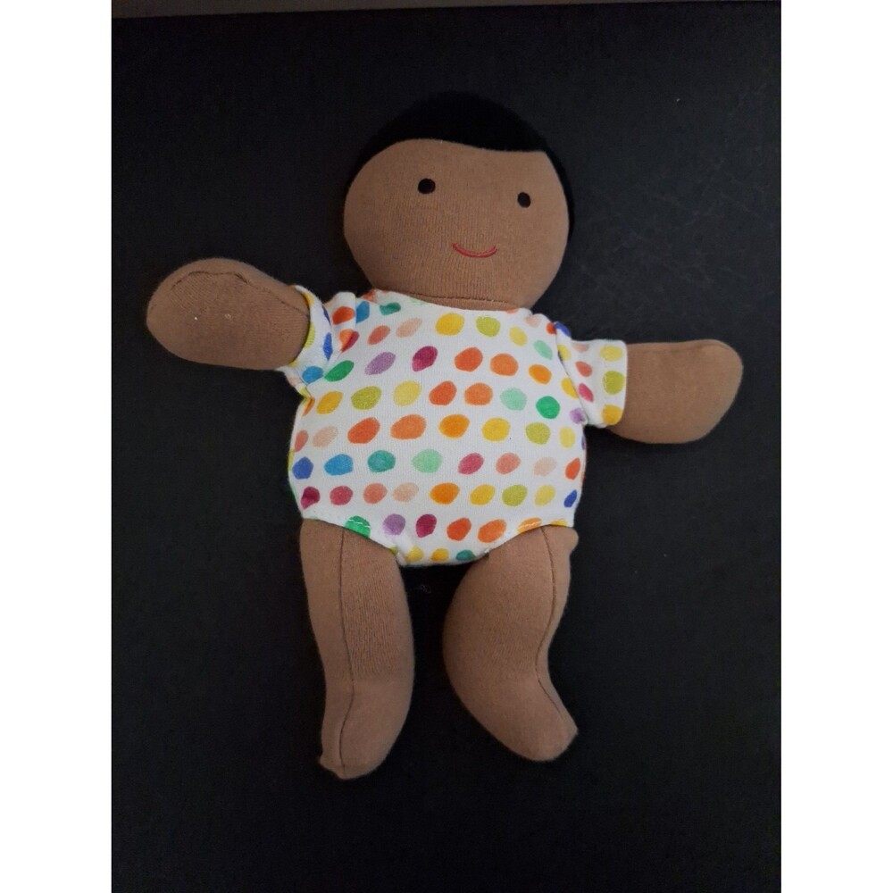 Lovevery Organic Cotton Baby Doll dark hair skintone polka dot outfit